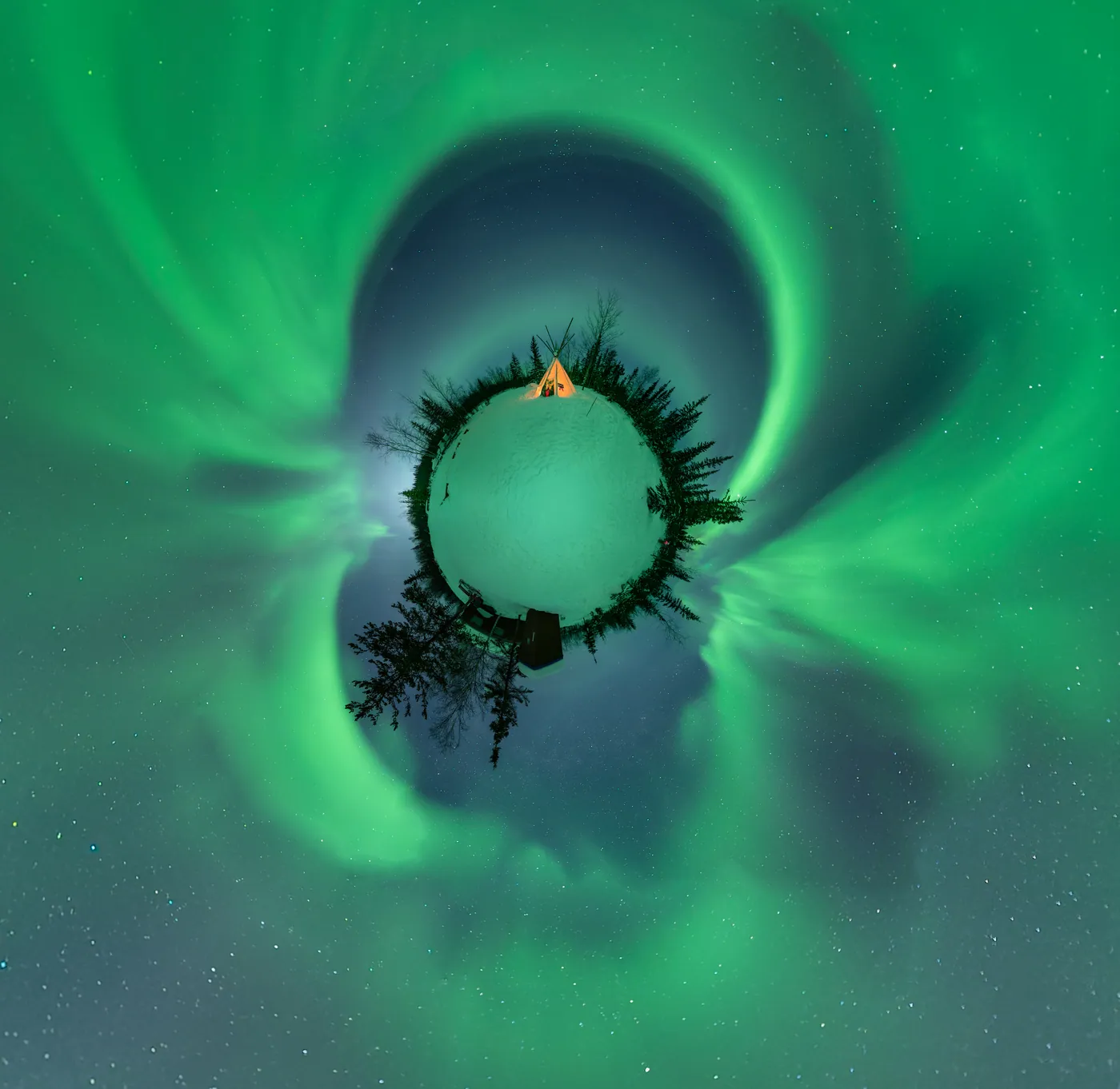 Little planet projection: the horizon curled into a circle inside a green corona.