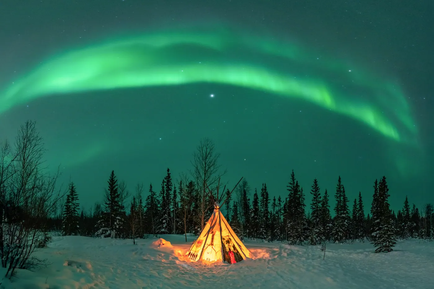 A lit tipi in a snowy forest under an arc of green aurora.